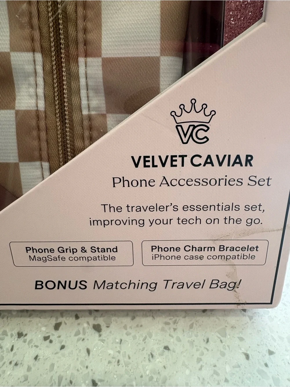 NIB Velvet Caviar Tan and White Check Phone Accessory Set with Gold Charm